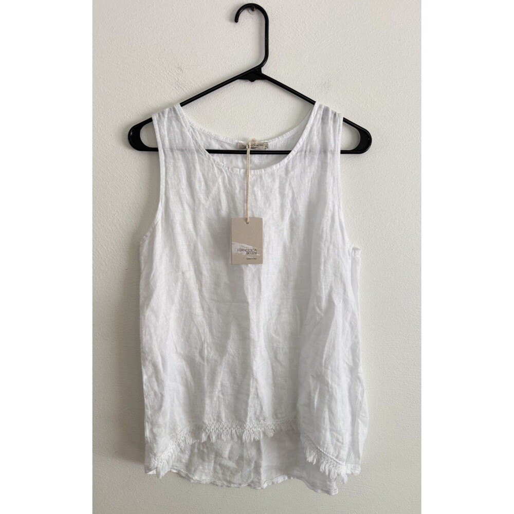 Francesca Bettini 100% Linen Blouse Women Size S White Sleeveless Frayed Hem Top